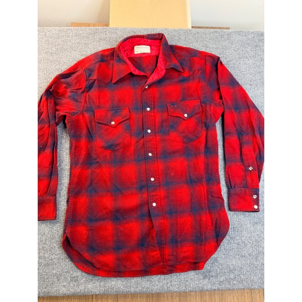 Vintage Pendleton Wool Western Flannel Shirt Mens L Red Blue Plaid Pearl Snap
